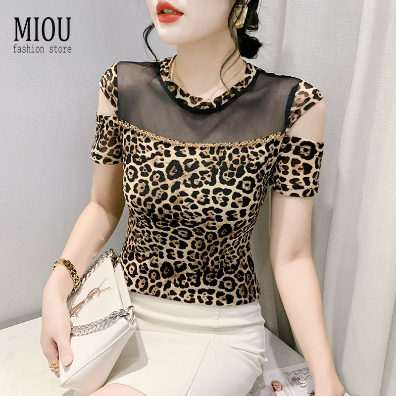MIOU 2025 Summer Round Neck Panel Beaded Leopard Short Sleeve T-shirt Women's Fashion Slim Fit Underlay Fashion Mesh Top Women's Elastic