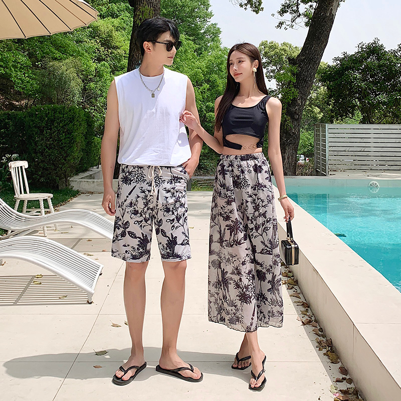 ❤️Ready Stock❤️Couple Swimwear Beautiful Flip Black Printed bikini Three-Piece Big Trousers Beach Shorts Boys Swimming Trunks Honeymoon Vacation