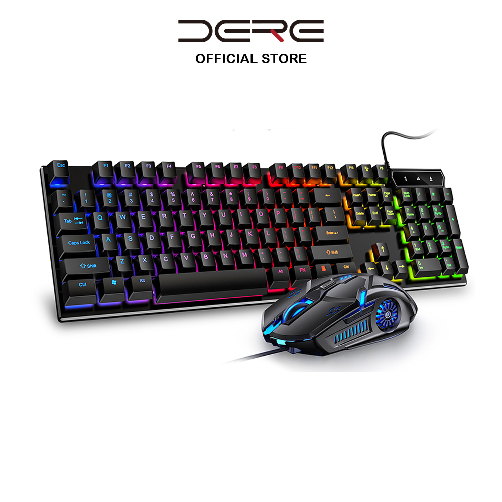 DERE mouse and keyboard set wired rainbow backlit mechanical keyboard G5 mouse USB interface free mouse pad（White/Black）
