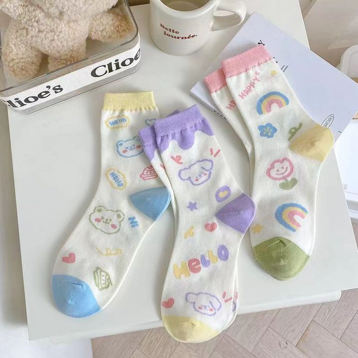 [Ready Stock]Cartoon socks women mid socks rainbow cute socks women Japanese socks stocking women