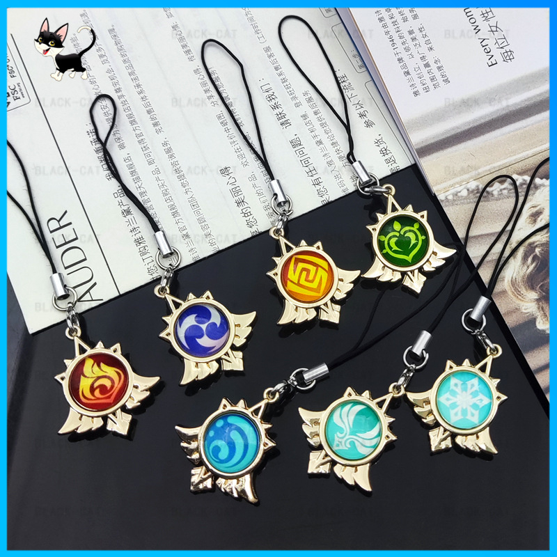 Game Genshin Impact Keychain Luminous 7 Element Double-Side Glass Pendant Weapons Eye Of Original Keyring Phone Charms Souvenir