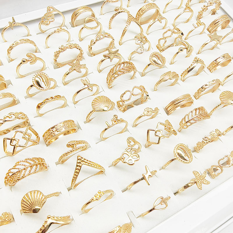 30Pcs/Lot Jewelry Factory New Hollow Leaf Shell Star Flower Gold Color Starfish Finger Rings For Women Rock Bar Girls