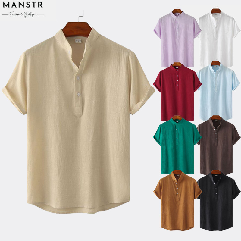 [12 Colors]Kemeja Pullover Lengan Pendek Linen Lelaki Men's Casual Solid Color Short Sleeve Pullover Shirt Linen Stand Collar Summer Beach Basic Polo Shirt BrownKhakiLight BlueGreenCoffeeWhiteBlack