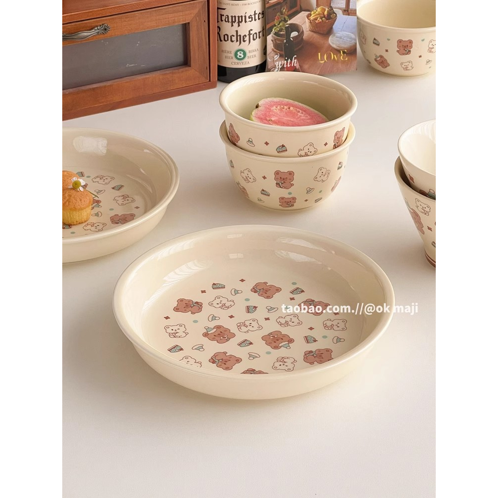 Korean ins cute bear cream color ceramic cutlery bowl set Household rice bowl bamboo hat bowl