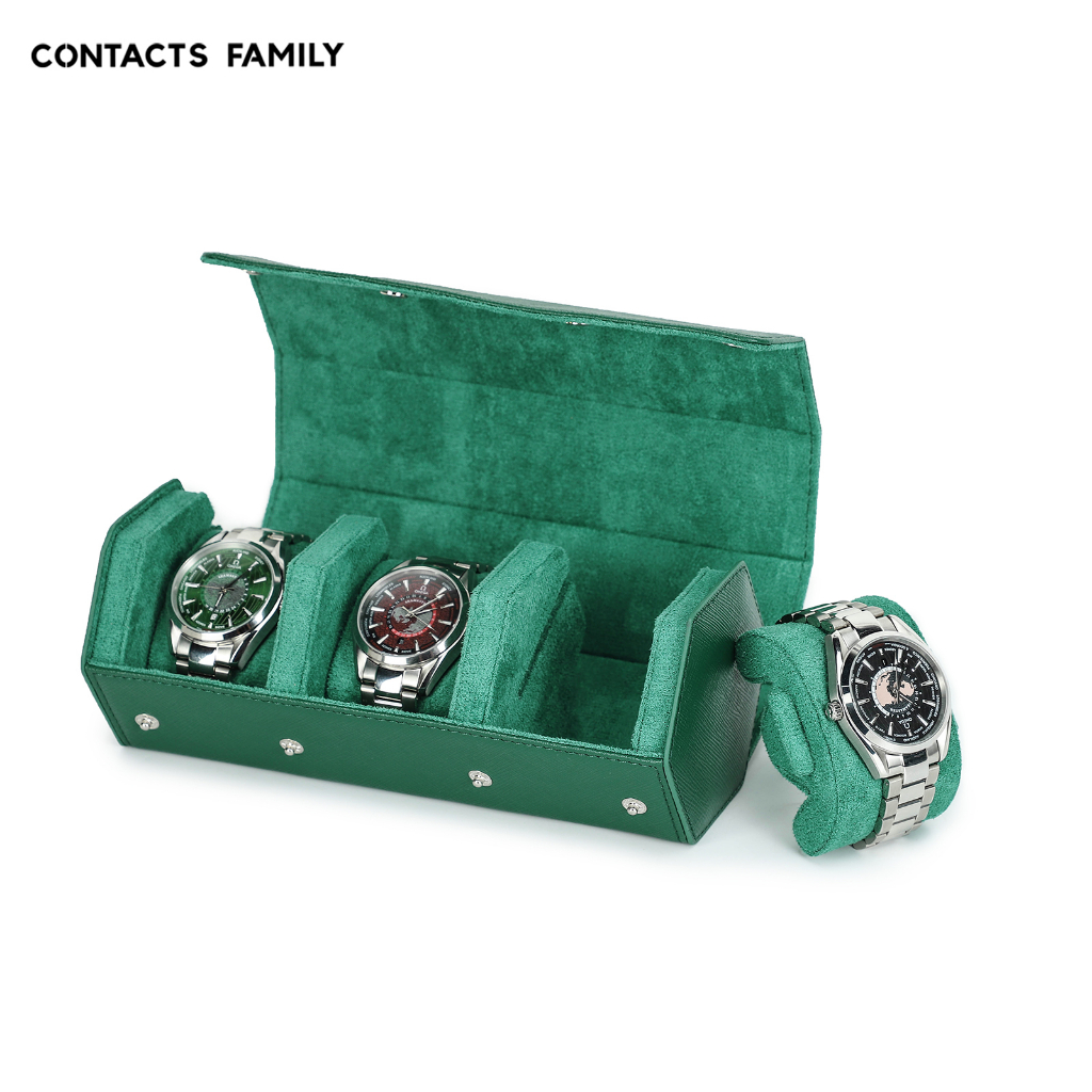 CONTACTS FAMILY 3 Watches Roll Case Green Watch Holder Travel Wrist Jewelry Storage Organizer Portable Leather Watch Case