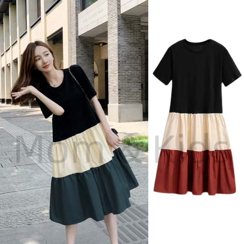 Mom&Kids Ready Stock M-3XL Fashion Short-Sleeved Maternity Dress Summer Contrast Color Over-The-Knee Long Skirt Seluar Mengandung 孕妇连衣裙 孕婦褲 孕婦裝