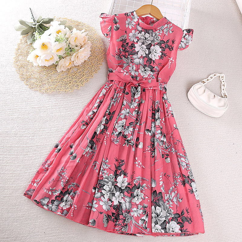 SIYYIS Kids Pleated Dress Floral Fly Sleeve Elegant Preppy Style Ceremony Festival Party Dress Teens Girls Elegant Casual Clothes School Clothing 5-12 Years