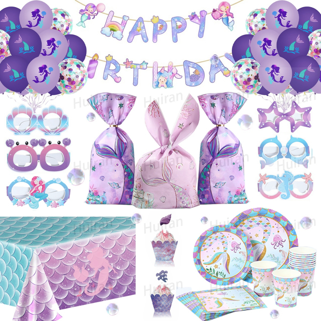 Mermaid Theme Party Supplies Set Mermaid Tail Table Cloth Plastic Goodies Bag Packing Doorgift Happy Birthday Banner Mermaid Birthday Decoration Set Girl Little Mermaid Party Set Wedding Decoration Party Decoration Set 生日布置