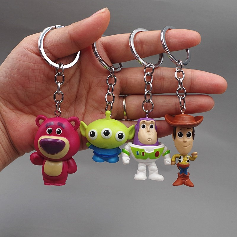 4Pcs/Set 3-5cm Disney Toy Story Sheriff Woody Buzz Lightyear Jessie Rex Lotso Alien Bulleye Key chain Q Version Car Decoration PVC Action Figures Model Dolls Toys