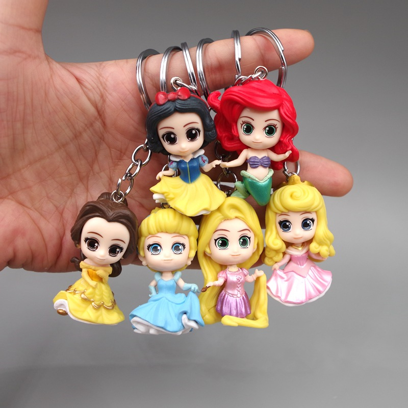 6Pcs/Set Disney Princess Snow White Ariel Bella Aurora Alice Tangled Rapunzel Key Chain Q Version Cake Decoration PVC Action Figures Model Dolls Toys Gifts