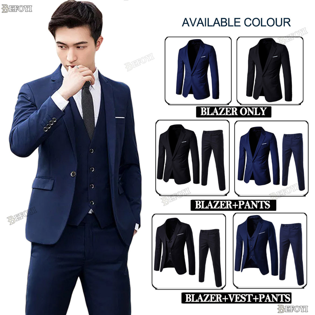 ?? Local Delivery? Men Blazer Set 3 piece Suit Tuxedo Formal Business Wedding Blazzer Korean Office Outerwear Coat Slack Pants Jacket baju kot lelaki