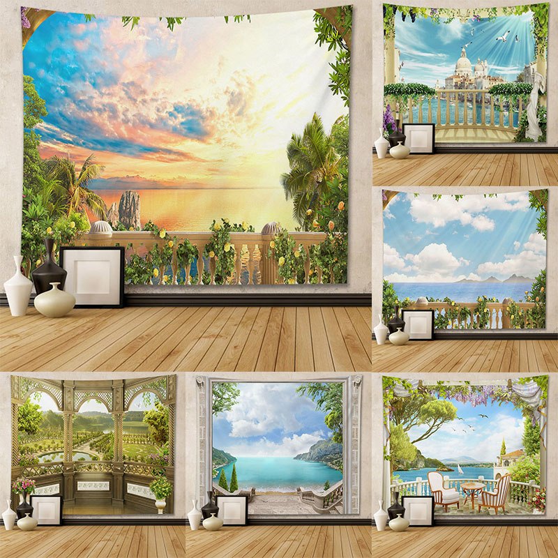 Tapestry Roman Column Decor Window Balcony Ocean View Hanging Wall Background Cloth