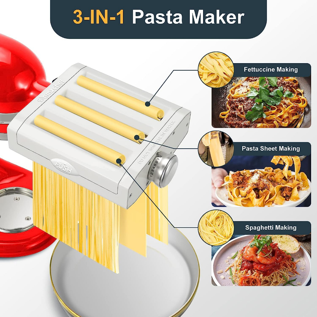 Pasta Roller & Cutter Attachments 3-in-1 Set for KitchenAid Stand Mixers, AMZCHEF Stainless Steel Pasta Maker Accessories,Included Pasta Sheet Roller, Spaghetti Cutter, Fettuccine Cutter