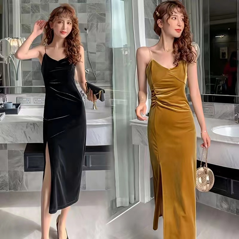 Ready Stock Women Velvet Sleeveless V-Neck Split Long Suspender Dress Solid Color Casual Long Party Dress