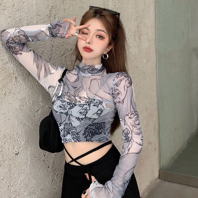 Women's Half Turtleneck Mesh Fabric T-Shirt Sun Protection Printing Perspective Long Sleeves Slim Crop Tops