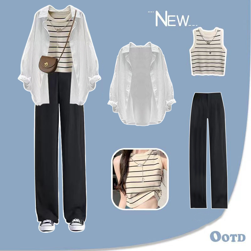 3PCS / Single Women's Summer Suit Korean Style Outfits New Flesh Covering Slimming Vest Loose Shirt High Waist Casual Pants Large Size Shirt Women New Fashion Baju Wanita Fesyen Baru