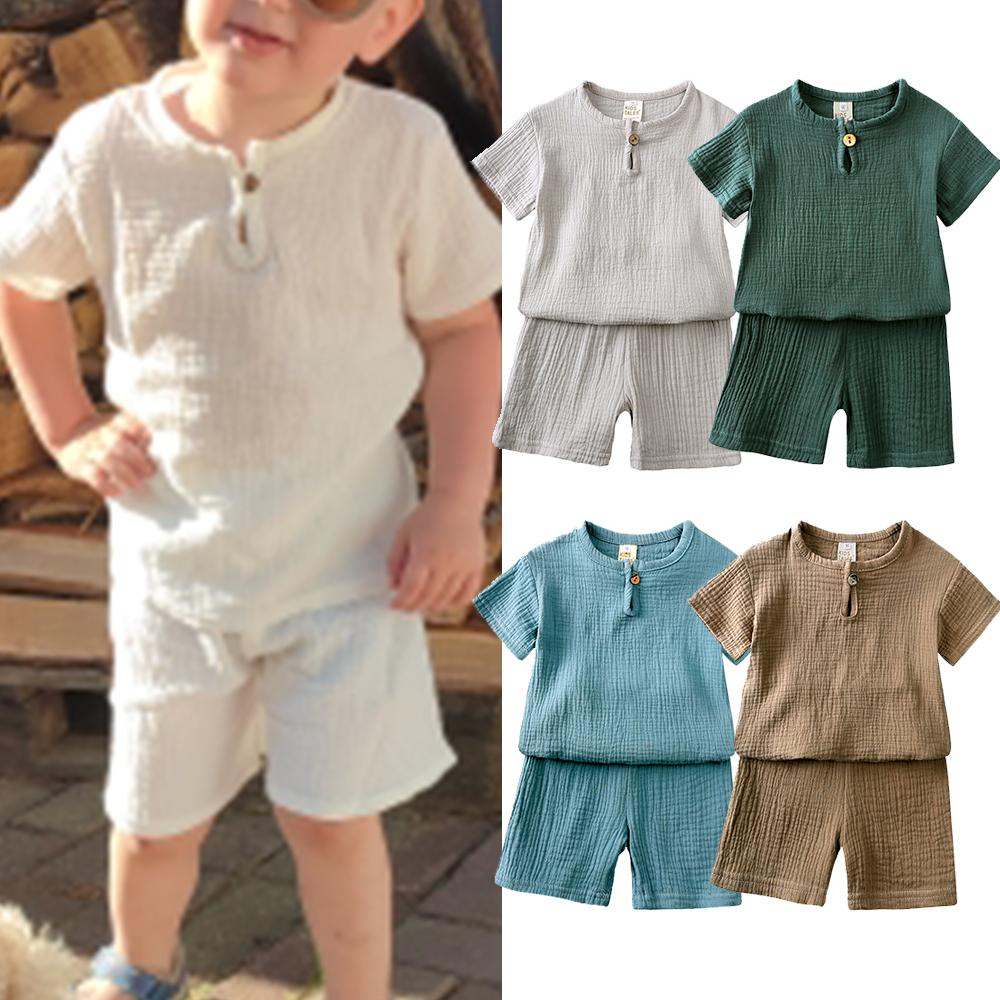 Ramadan clothing Kids tales Baby Summer Cotton Soft Set Kids' Cotton and Linen Boys' Short Sleeve+Shorts Two Piece Set