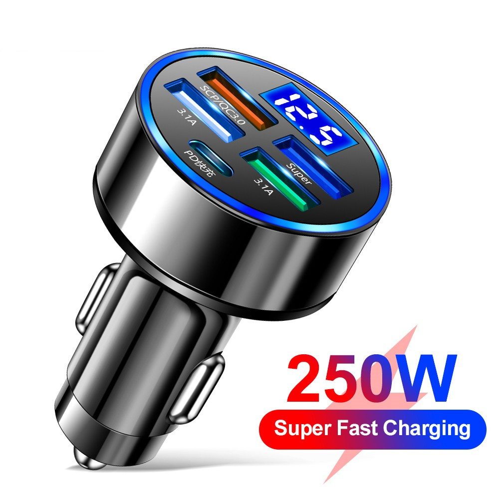 250W 5 Ports USB C Car Charger Quick Charge 3.0 Digital Display Mobile Phone Charger Adapter In Car