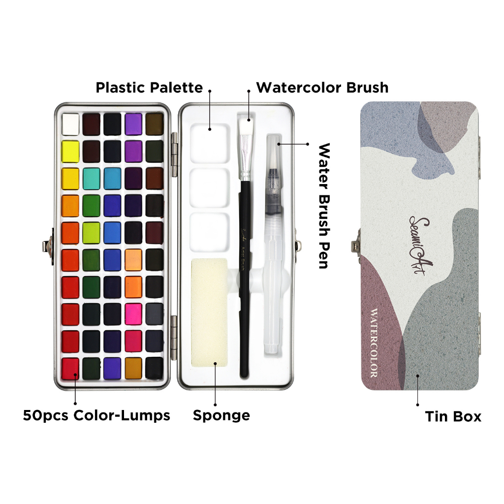 SeamiArt [Ready Stock] 50 Colors Solid Watercolor Set With Tin-box & Water Brush Pen