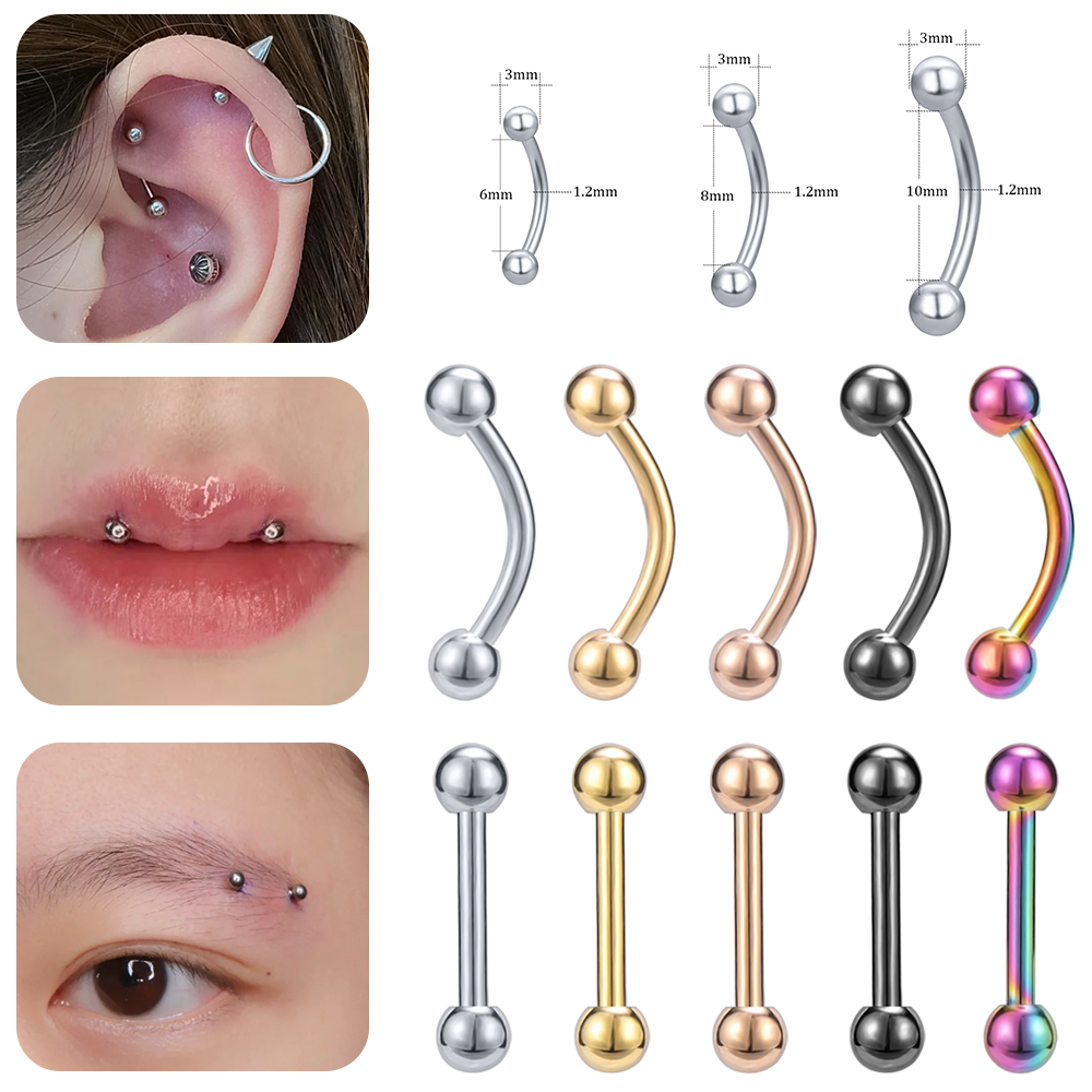 1 PC Stainless Steel Eyebrow Piercings Double Balls Eyebrow Rings Curved Bar Bridge Piercings Rook Helix Ear Piercings