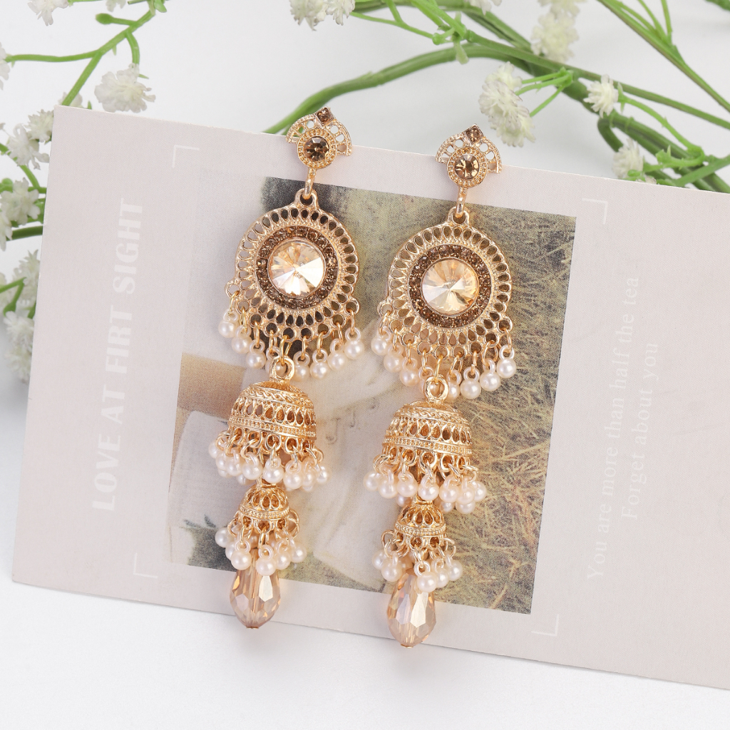 2023 Women's Ethnic Luxury Gold Color Jhumka Earrings Vintage Round Crystal Long Dangle Earrings Wedding Brincos Jewelry