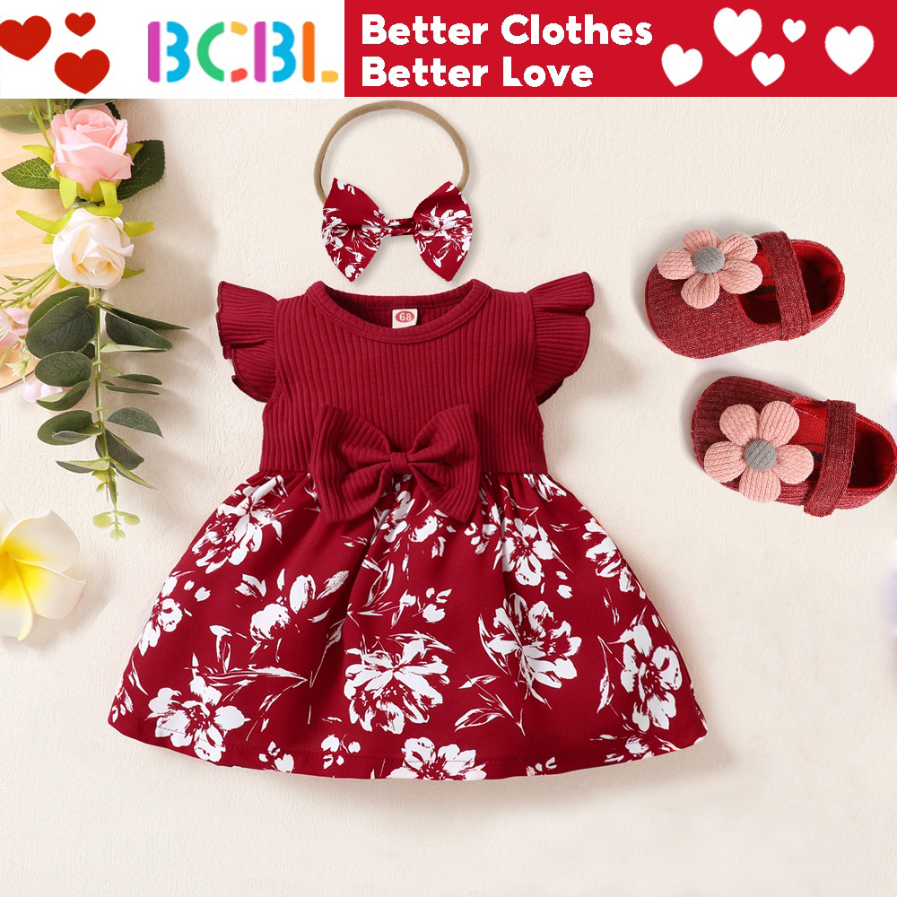 Baju Baby Girl Dress Gaun Budak Perempuan Baby Girl Red Short Sleeve Floral Printing Baby Dress for 0-18 Months