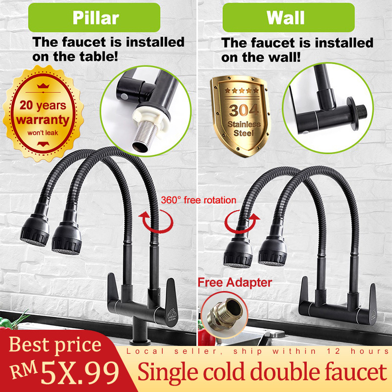 304 stainless steel Kitchen Sink Faucet Double Tap 360° Rotating Hose Flexible Shower