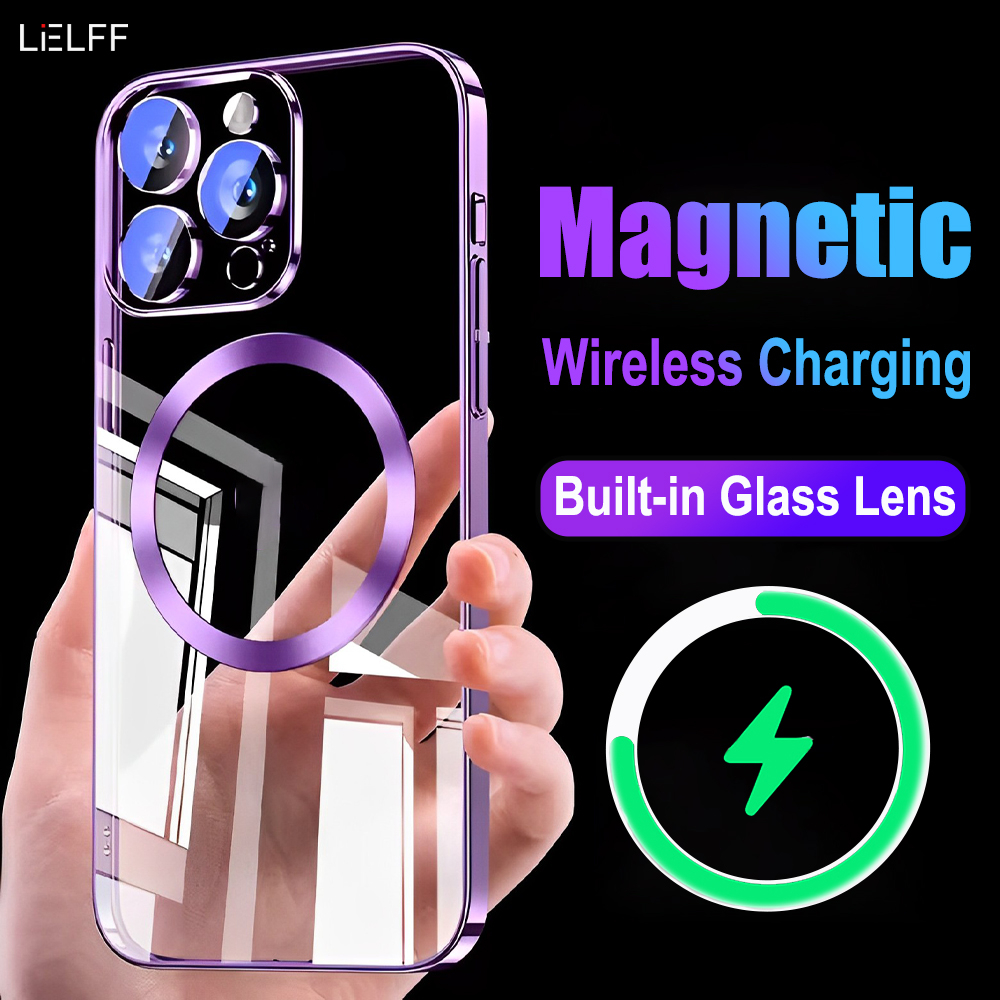 Magnetic phone case For iPhone 14 pro max Plus 13 12 pro max Casing Electroplated Transparent with lens film protect the camera shockproof and anti-fall aesthetic cover full wrapping transparent soft case