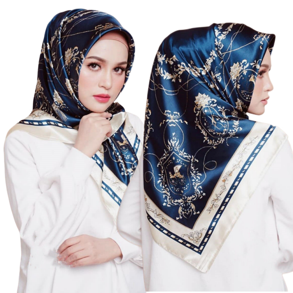 Navy Blue New Hangzhou Silk Hijab Scarf Fashion Malaysian Tudung Bawal Chinese Silk Floral Design