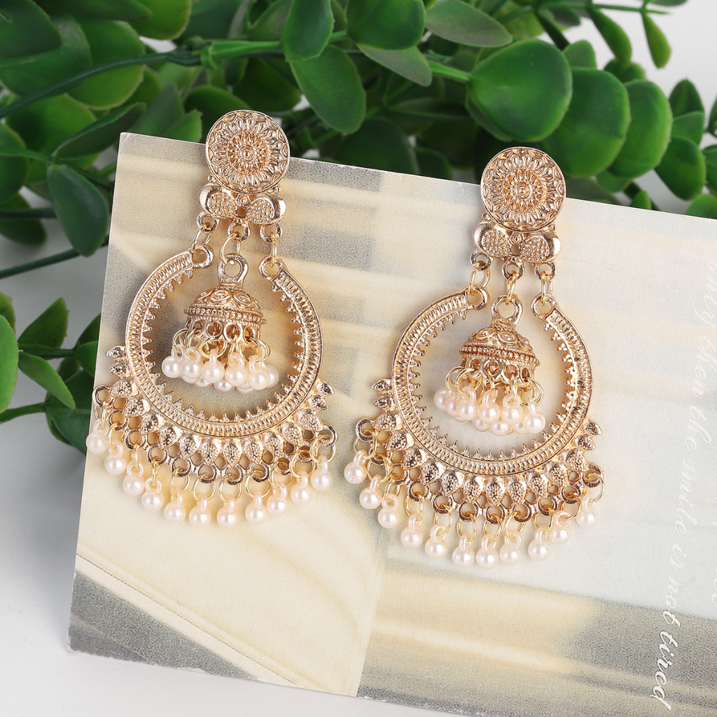 Classic Vintage Gold Color Round Dangle Earrings Women's Bohemian Flower Bells Pearl Tassel Earrings Jhumka Indian Jewelry