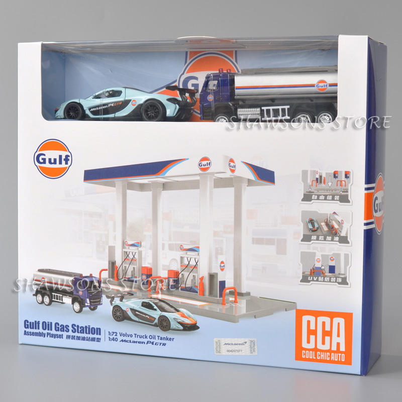 Gulf Oil Gas Station Assembly Playset With McLaren P1 GTR and Volvo Truck Oil Tanker Model Toy Car