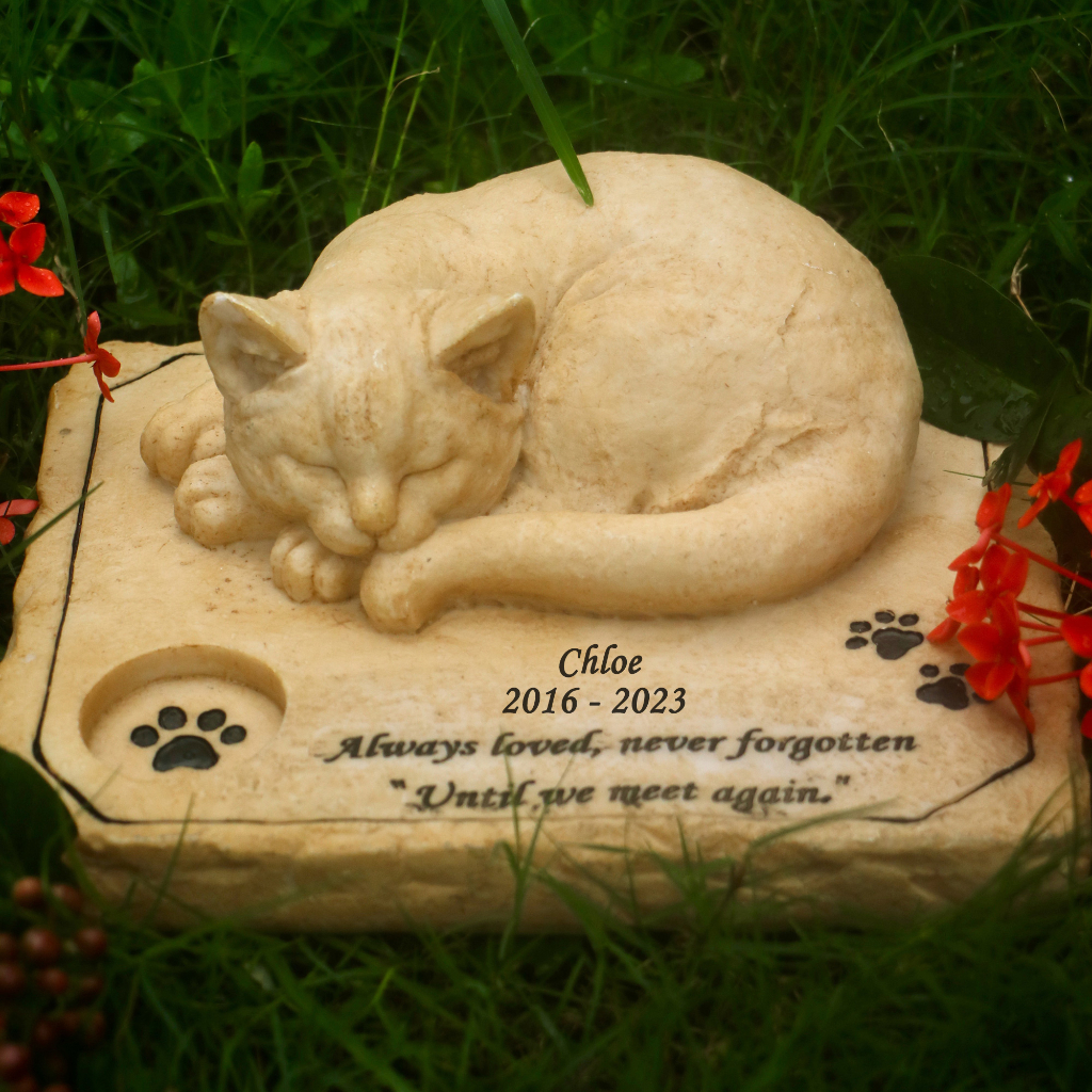 Personalized Cat Grave Markers,Waterproof kitty Memorial Stones Garden Stones,Cat Memorial Tombstone with A Sleeping Cat On The Top