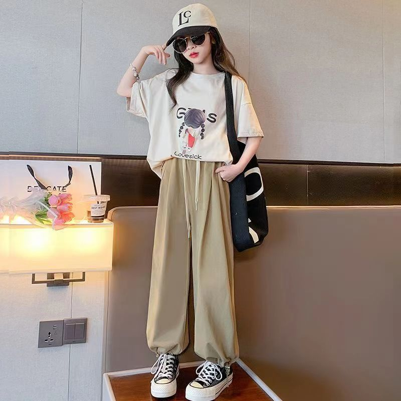 3-15YGirls' Suit Summer Big Boys' and Girls' Children's Suit Summer Short-sleeved online celebrity Pants Casual Two-piece Set Little girl printing