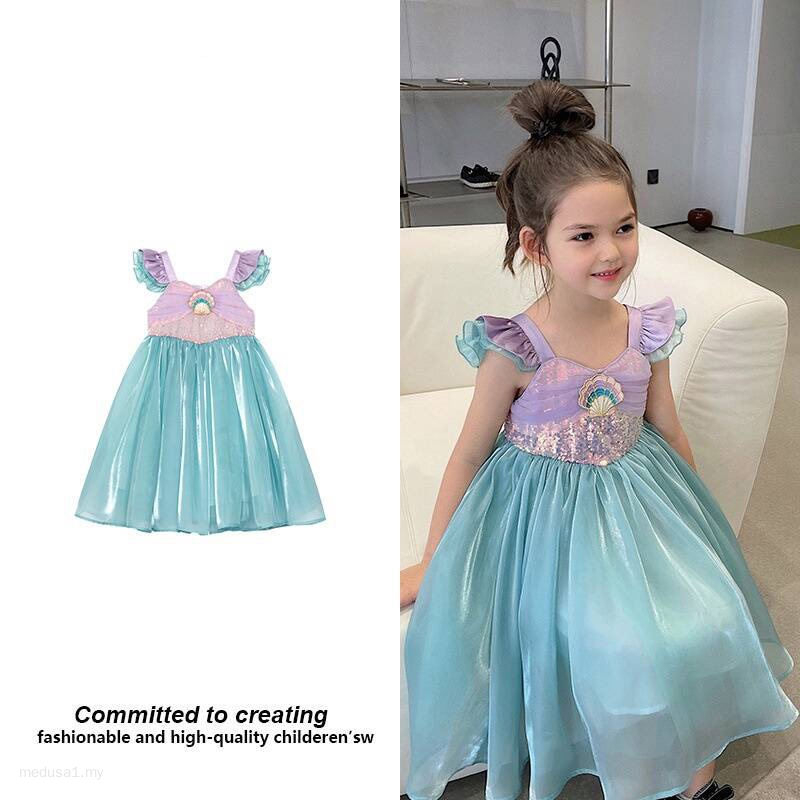 Baby Girl Mermaid Dress 2-8 Years Kids Princess Dress Mermaid Cosplay Costume Short-Sleeved Childrens Clothing