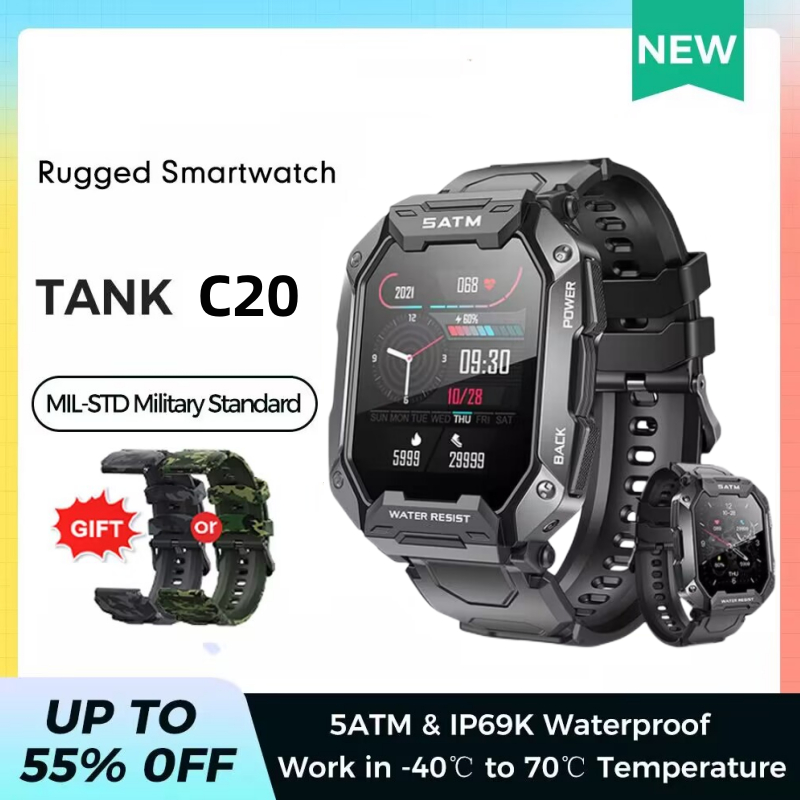 TANK C20 Smart Watch Men's IP68 5ATM Outdoor Sports Fitness Tracker 24H Health Monitor 1.71-inch Smart Watch