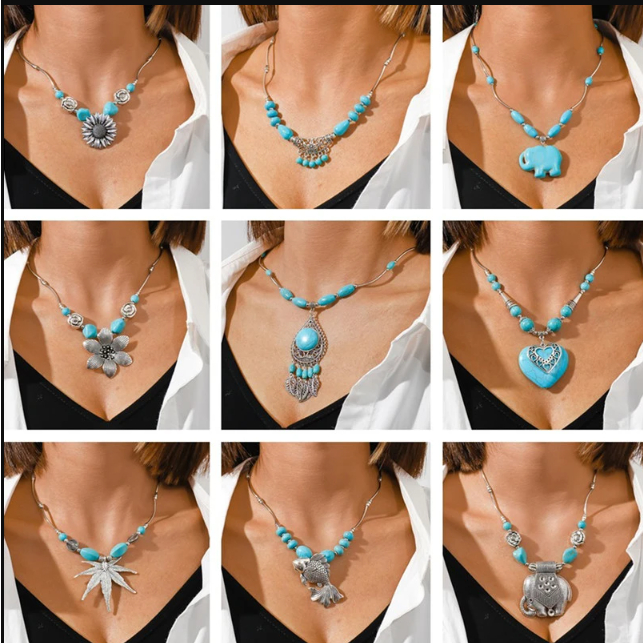 Bohemian Turquoise Love Fish Necklaces for Women Ethnic Flower Pendants Statement Necklaces Girls Party Jewelry Decoration