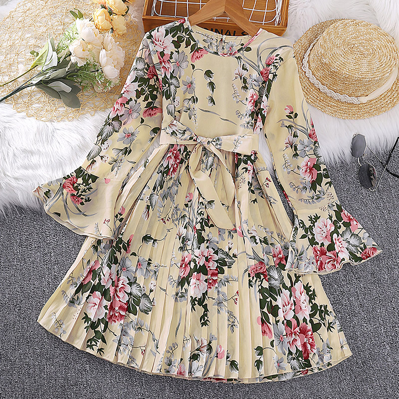 SIYYIS Ready Stock Kids Dress 5-12 Years Girls Floral Printed Long Sleeve Belted Pleated Mexi Dress Princess Ball Gown Festival Clothes Summer Dress Birthday Party Evening Dress Young Girls Formal Dress Korean Style Dress Baju Baby Girl Baju Budak Perempu