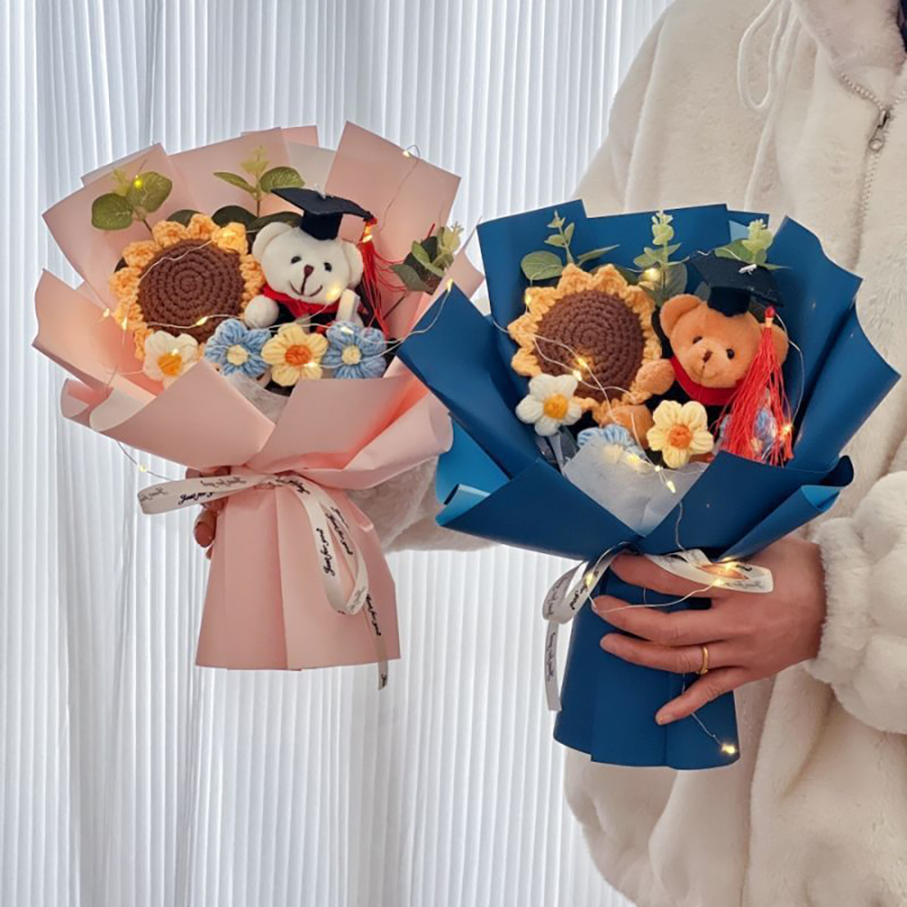 Crochet Flower Graduation Bear Knitted Flowers Handmade Crochet Bouquet Creativity Artificial Flowers