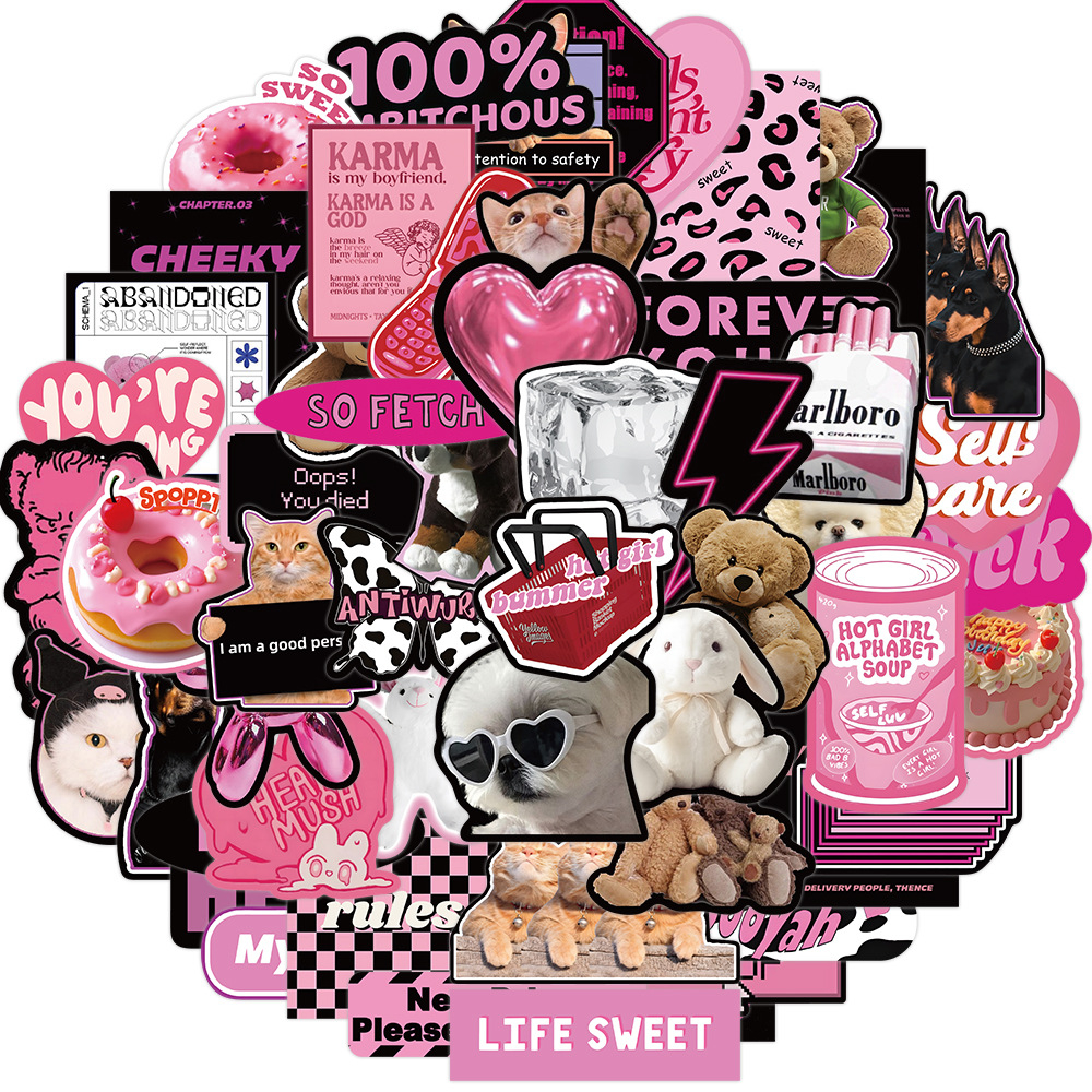 Black Pink English Graffiti Stickers 55PCS Cute Stickers Waterproof Stickers Laptop Sticker for Personalized School