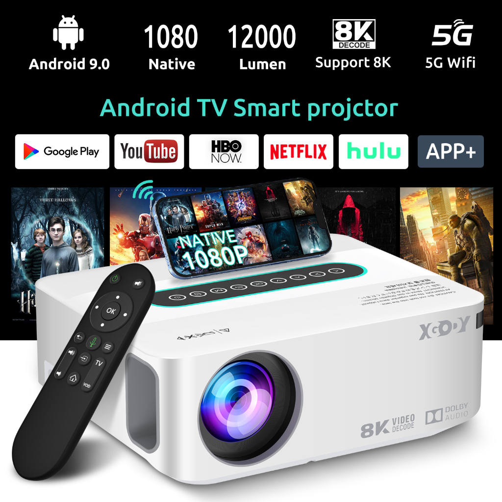 XGODY 5G WIFI Smart Projector Full HD Native 1080P 4K/8K Movie Projector 12000Lms Home Theater Vedio Android 9.0 Bluetooth Projector