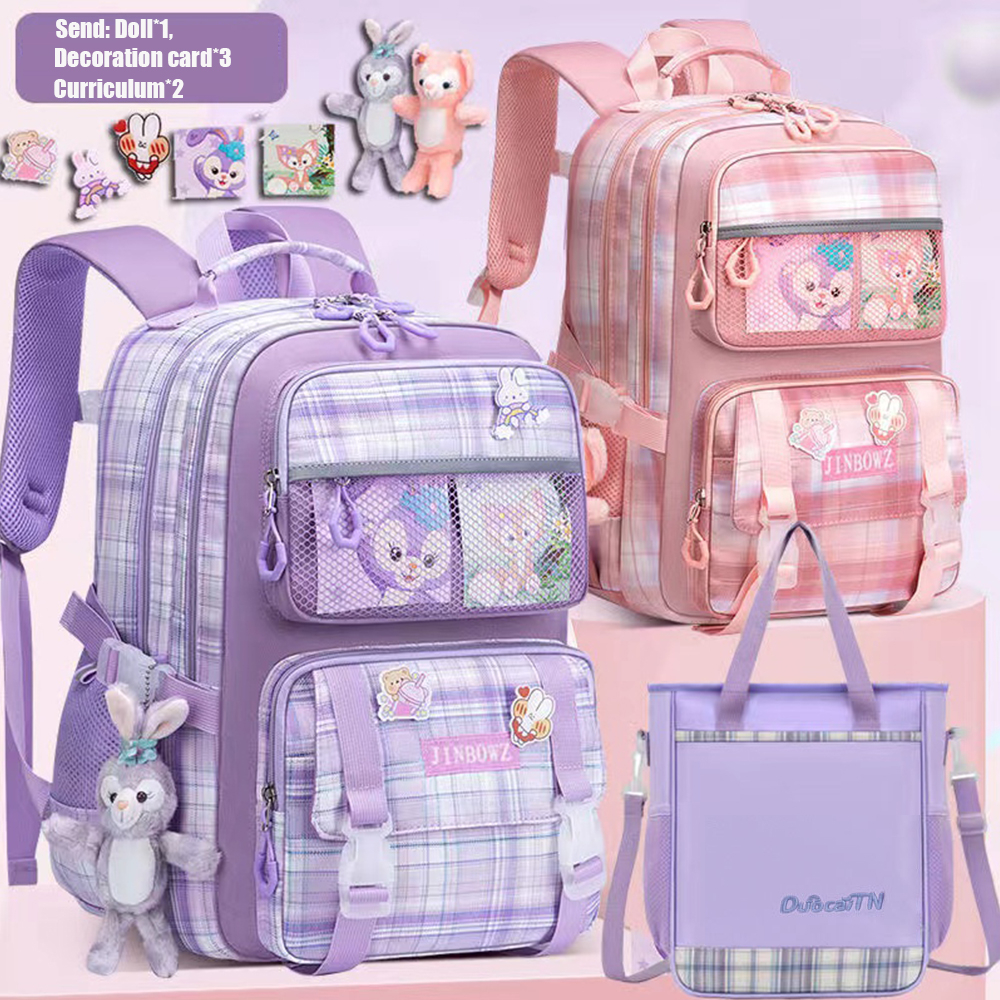 New elementary school students schoolbag lightweight large-capacity schoolbag girls shoulder backpack spine care ultra-light plaid children's schoolbag