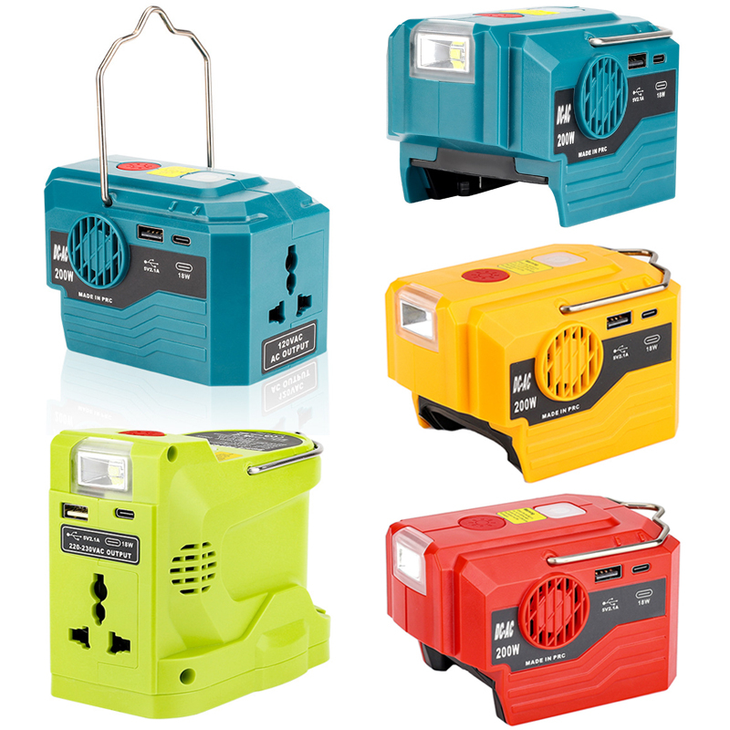 Portable Power Inverter with hook For Makita/Dewalt/Bosch/Milwaukee/Ryobi 18V 20V Lithium Battery with USB and Type-c Port LED Light