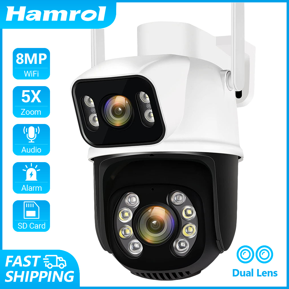 Hamrol 4K 8MP WIFI Gun Ball Linkage Dual Lens Camera Dual Screen 5X Zoom Outdoor HD Ball Machine Dual Camera CCTV