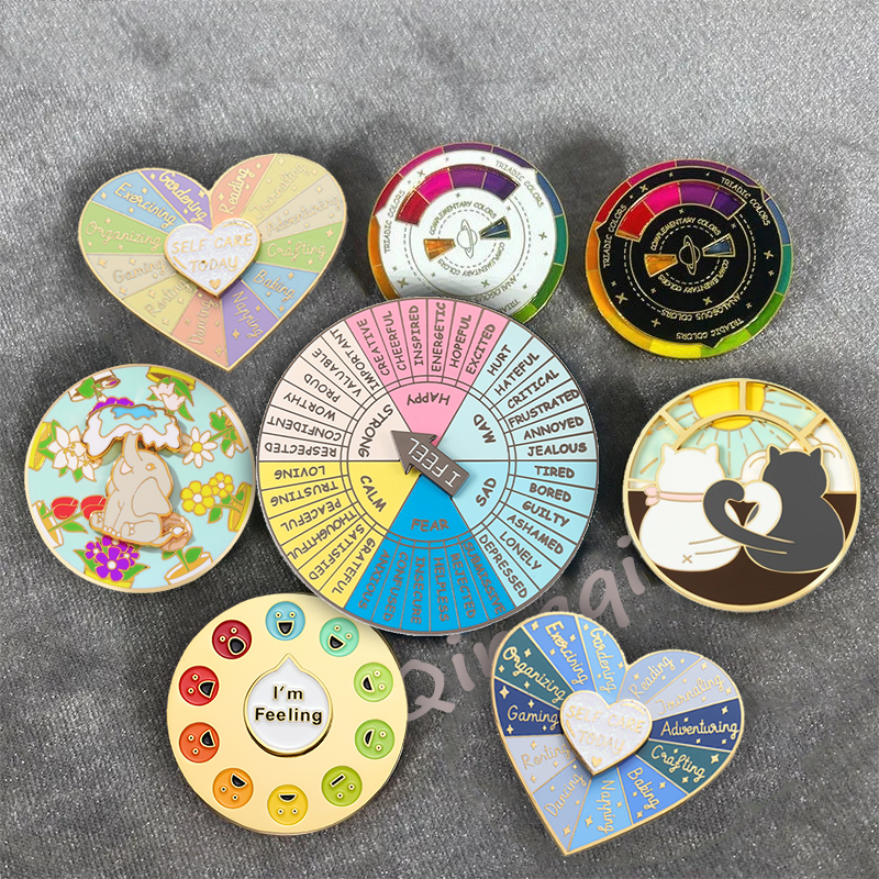 Circular Colorful Turntable Roulette Hard Enamel Pin Cartoon Elephant Cat Emotional Texts Brooch Badges Funny I Feeling Badge Jewelry Gift