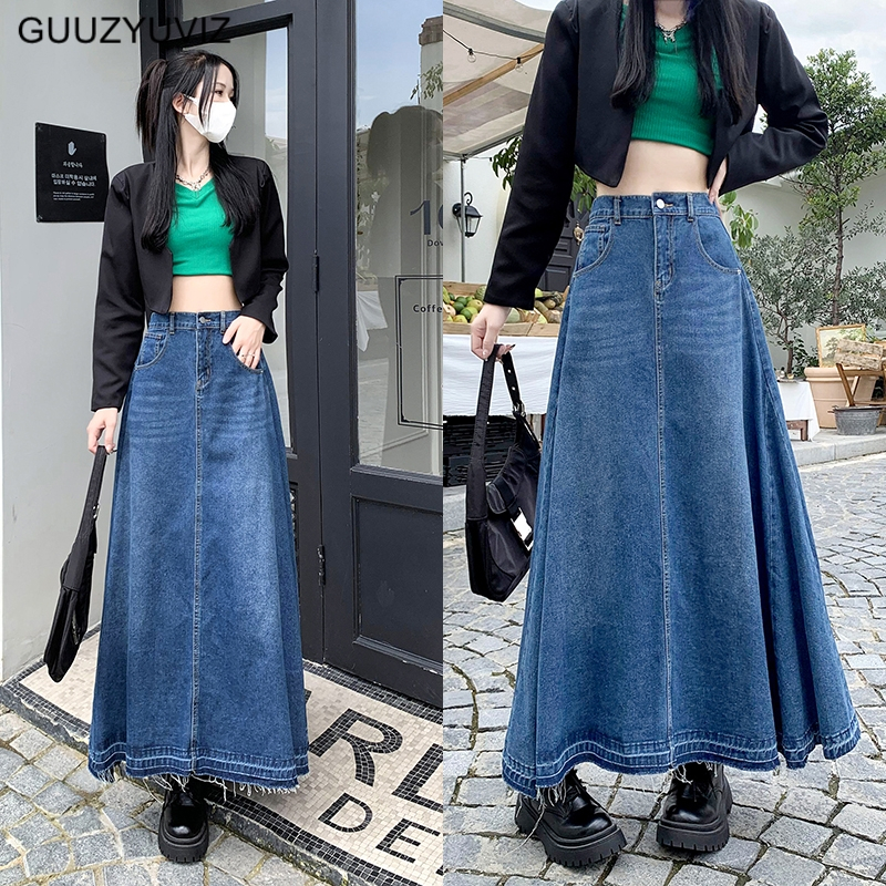 Blue Denim High Waist Long Half Skirt Women's A-line Umbrella Skirt