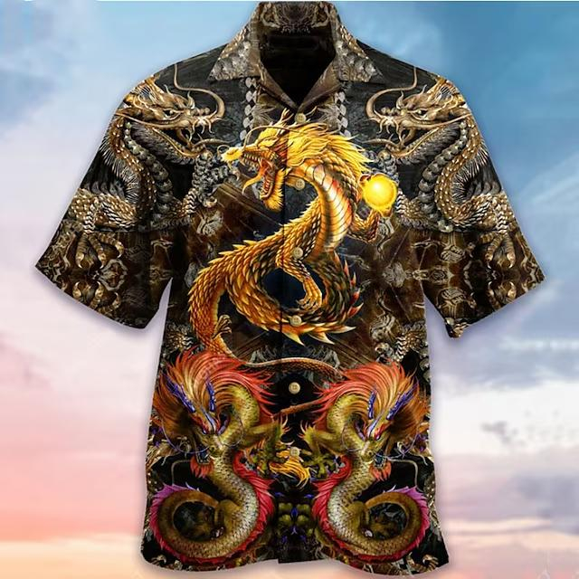 Men's Shirt Summer Hawaiian Shirt Dragon Graphic Prints Turndown Black White Brown Khaki Casual Hawaiian Short Sleeve Button-Down Print Clothing Apparel Tropical Fashion Hawaiian S