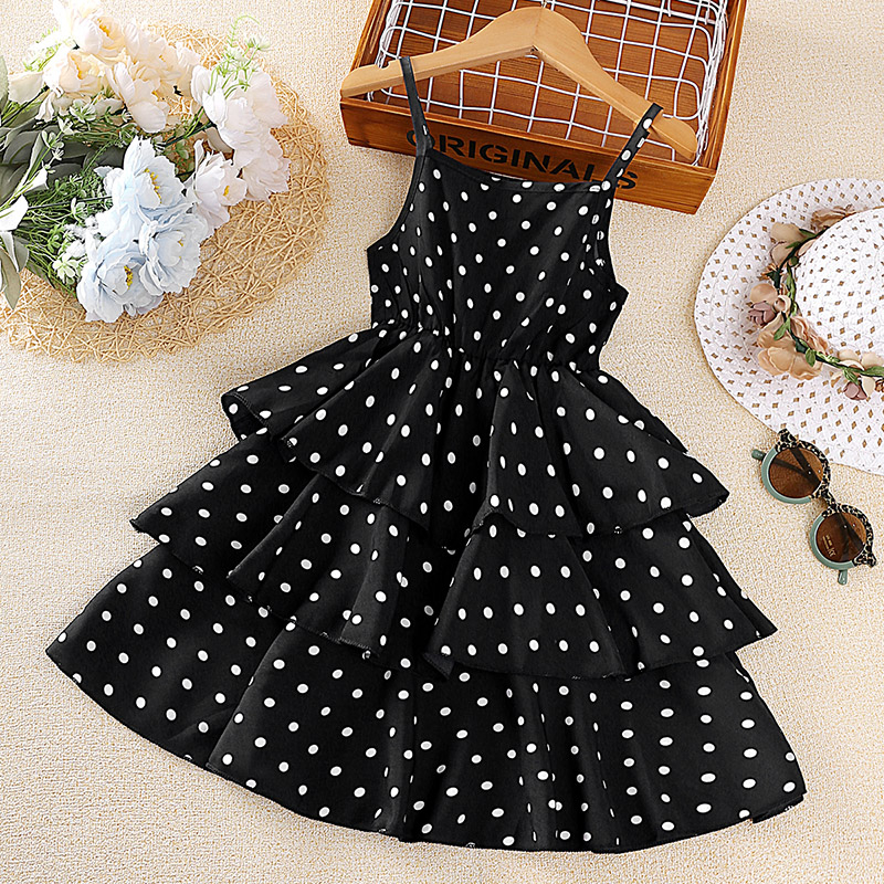 SIYYIS Baby Dress Baju Baby Girl 4-12 Years Kid's Dress Polka Dots Layered Cake Style Ruffle Sling Dresses Girls Summer Stylish Princess Dress Baby Girl Clothing Girls Dress Fashion Costume Baju Budak Perempuan Kids Clothes Sundress Chiffon Dress