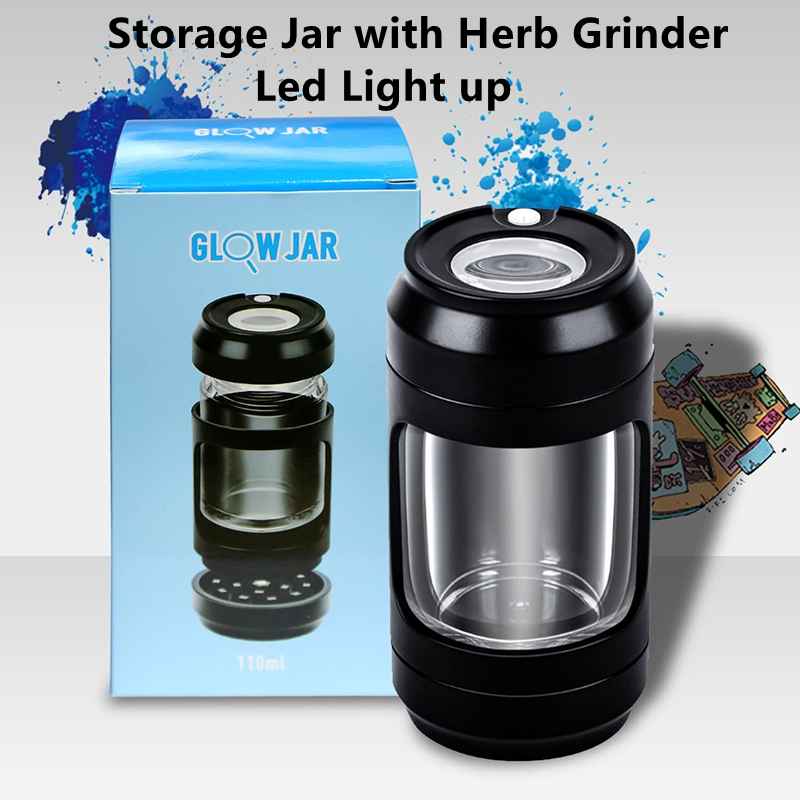 Storage Jar with Herb Grinder Led Light up,110ml Herb Containers with 8x Magnifying Viewing Jar Portable,Storage and Grinding in One Keep Herbs Dry and Fresh