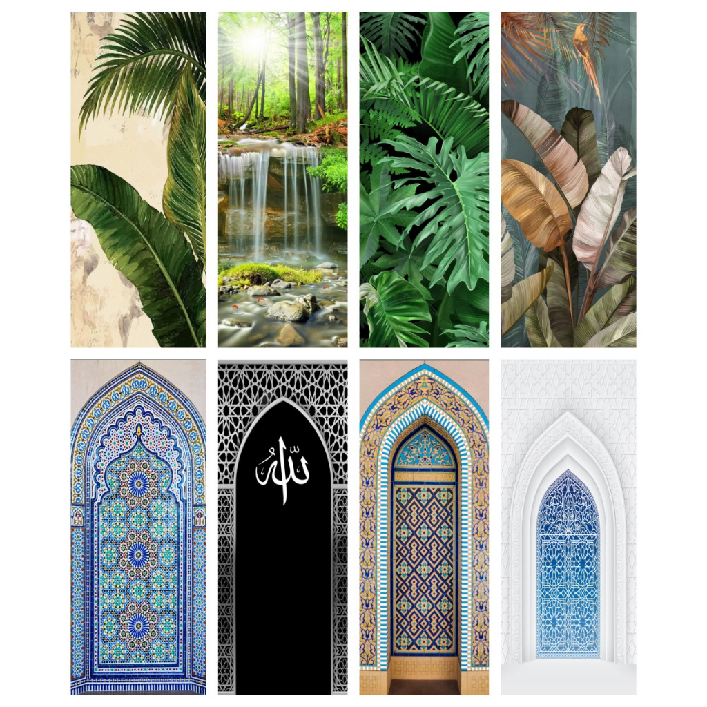 Custom Muslim Halal Ramadan door sticker Tropical plant landscape door stickers Home Decor Door Wrap Wall Sticker Mural Wallpaper Poster Self Adhesive PVC Removable Waterproof Door Decal