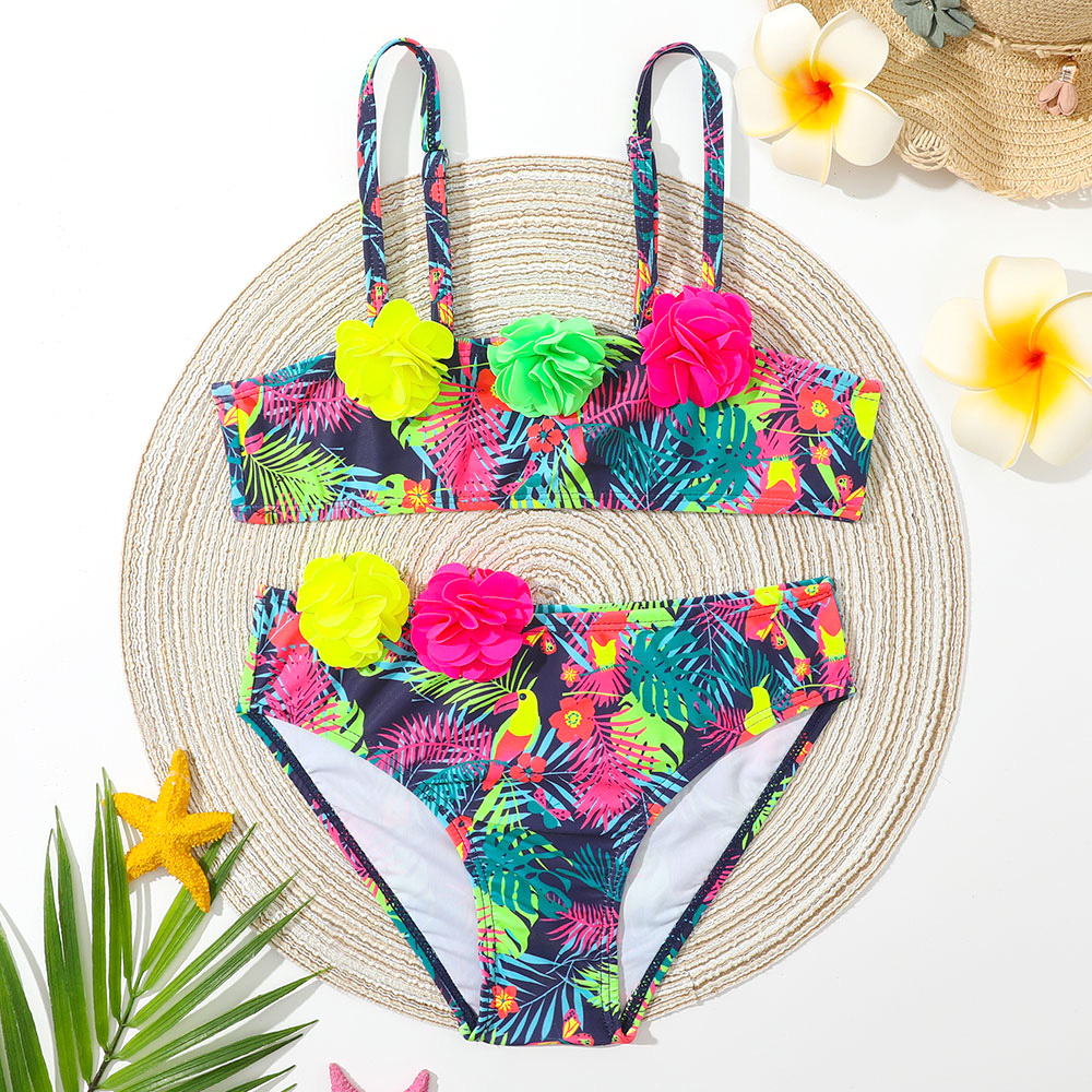 Flower Applique Girl Swimsuit Kids Tropical Print Toddler Bikini Set 4-12 Years Two Piece Children's Swimwear Bathing Suit 2023